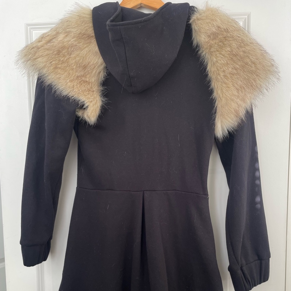 Black Hoodie Long Coat w/ Tails and Faux Fur Collar - NWOT